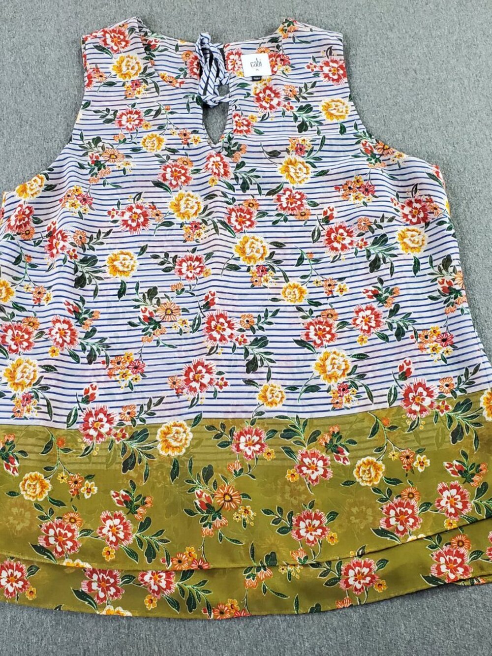 Cabi Penelope Top Size M Stripe Floral Print Keyhole Sleeveless Blouse Boho